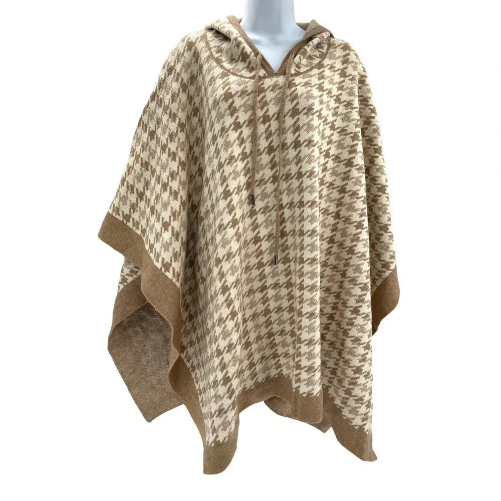 Coco + Carmen Brina Hooded Drawstring Pullover Knit Poncho Carmel Cream One Size